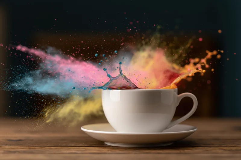 White ceramic coffee cup on saucer with colorful splash erupting from it on wooden table