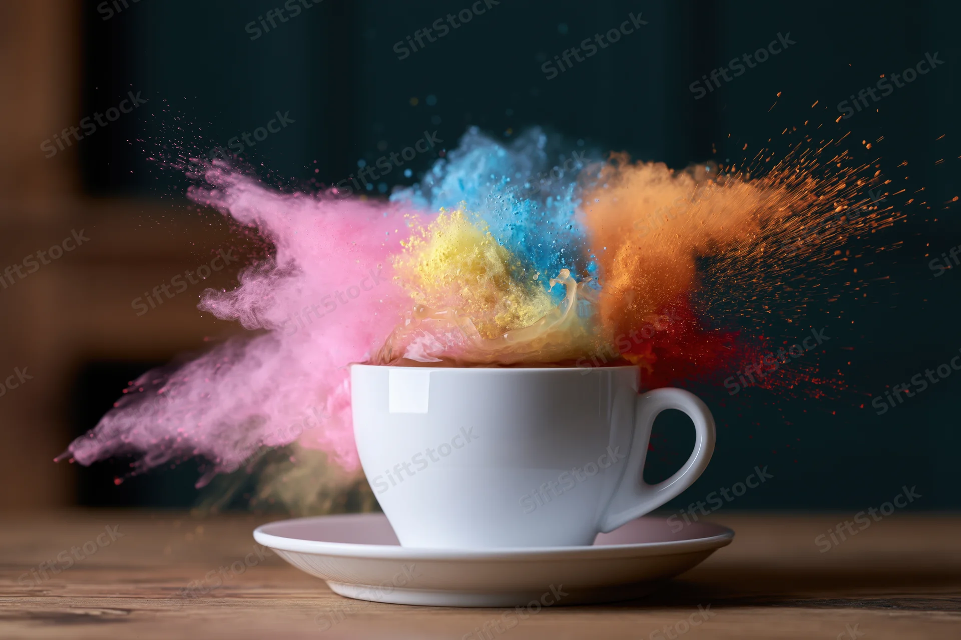 White ceramic coffee cup on saucer with colorful powder explosion on wooden table
