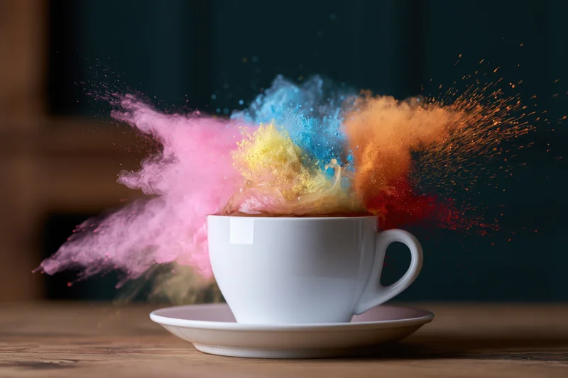 White ceramic coffee cup on saucer with colorful powder explosion on wooden table