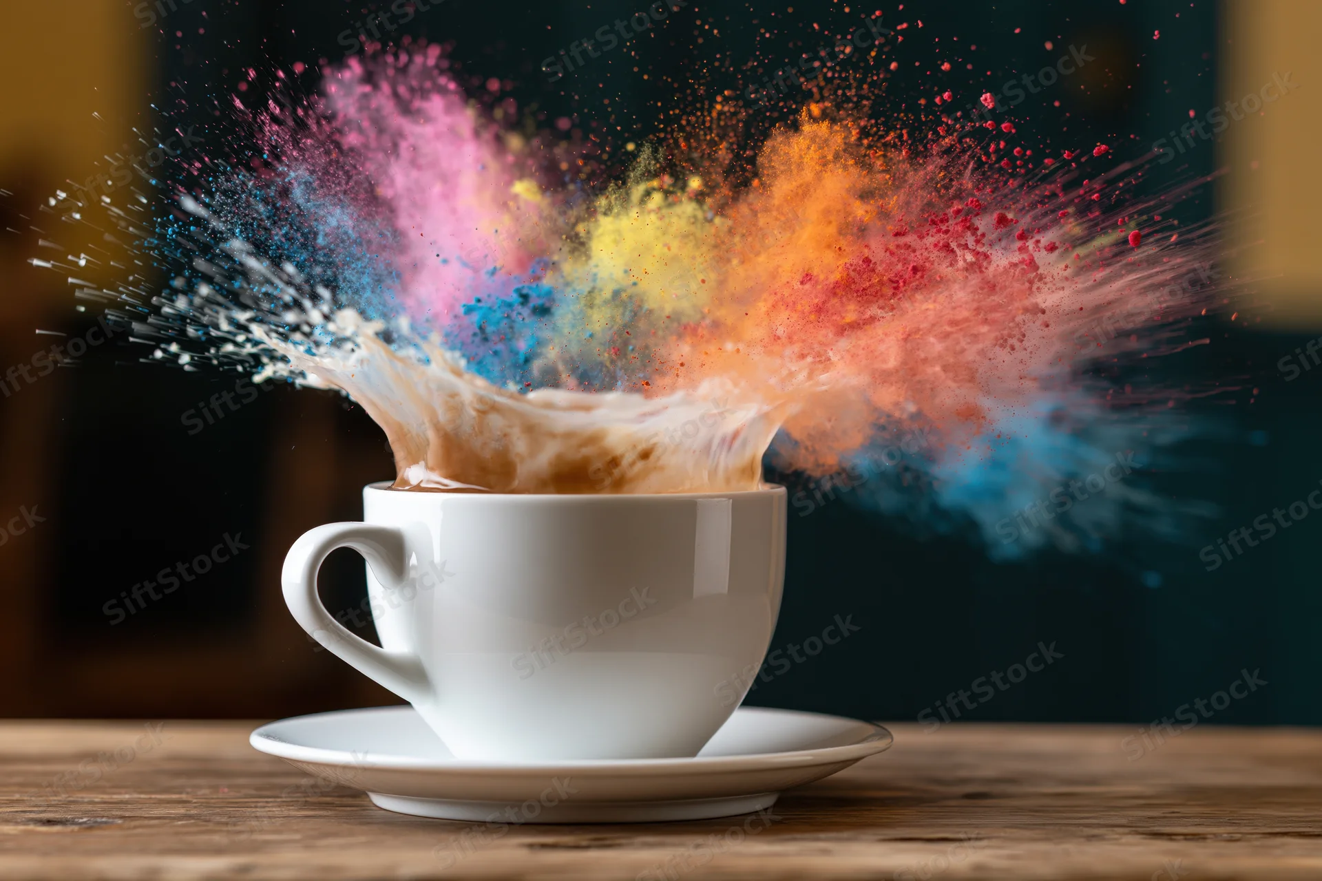 White ceramic coffee cup on saucer with colorful powder explosion bursting from the surface on wooden table