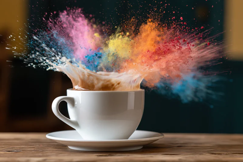 White ceramic coffee cup on saucer with colorful powder explosion bursting from the surface on wooden table