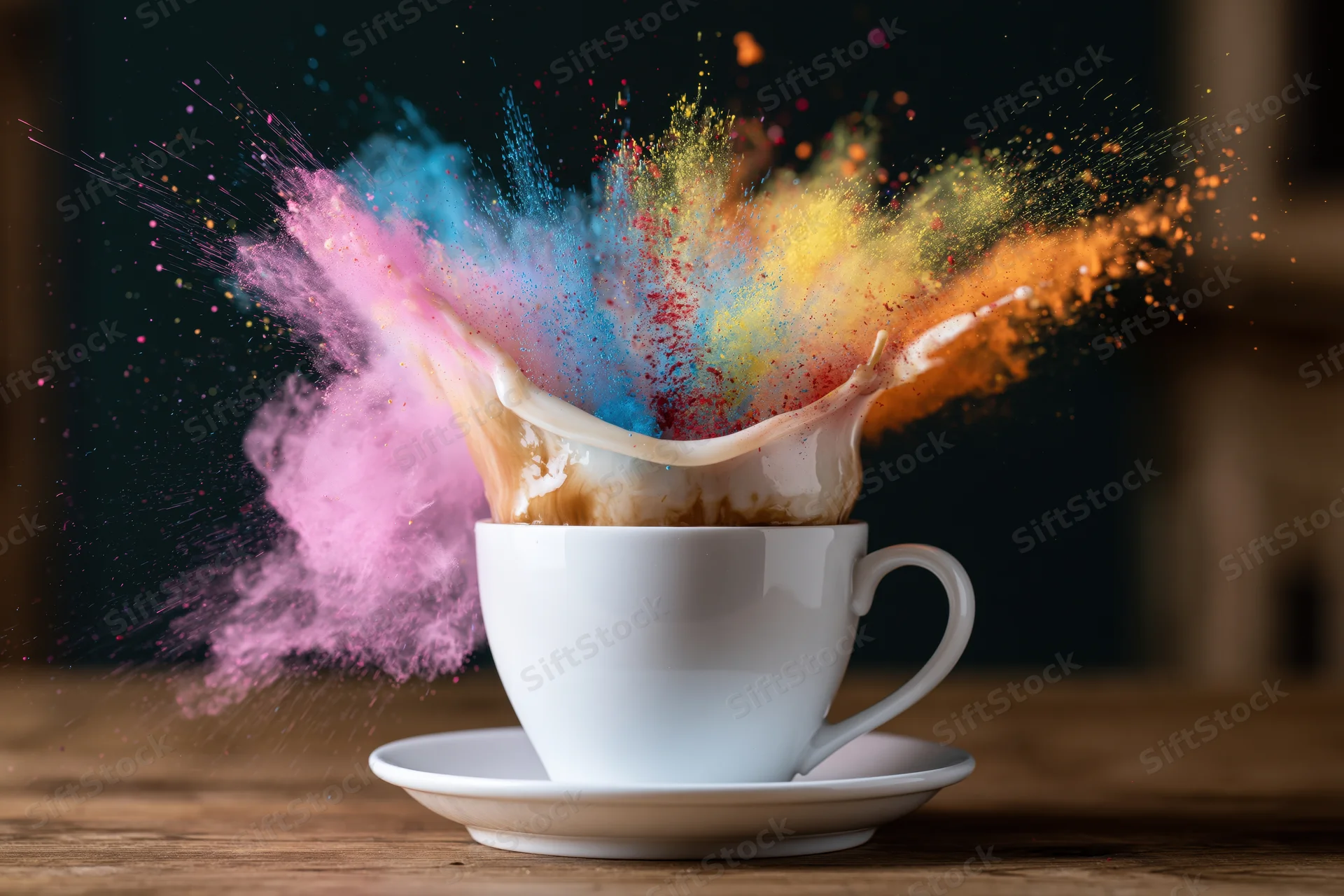 White ceramic coffee cup with colorful powder explosion on wooden table