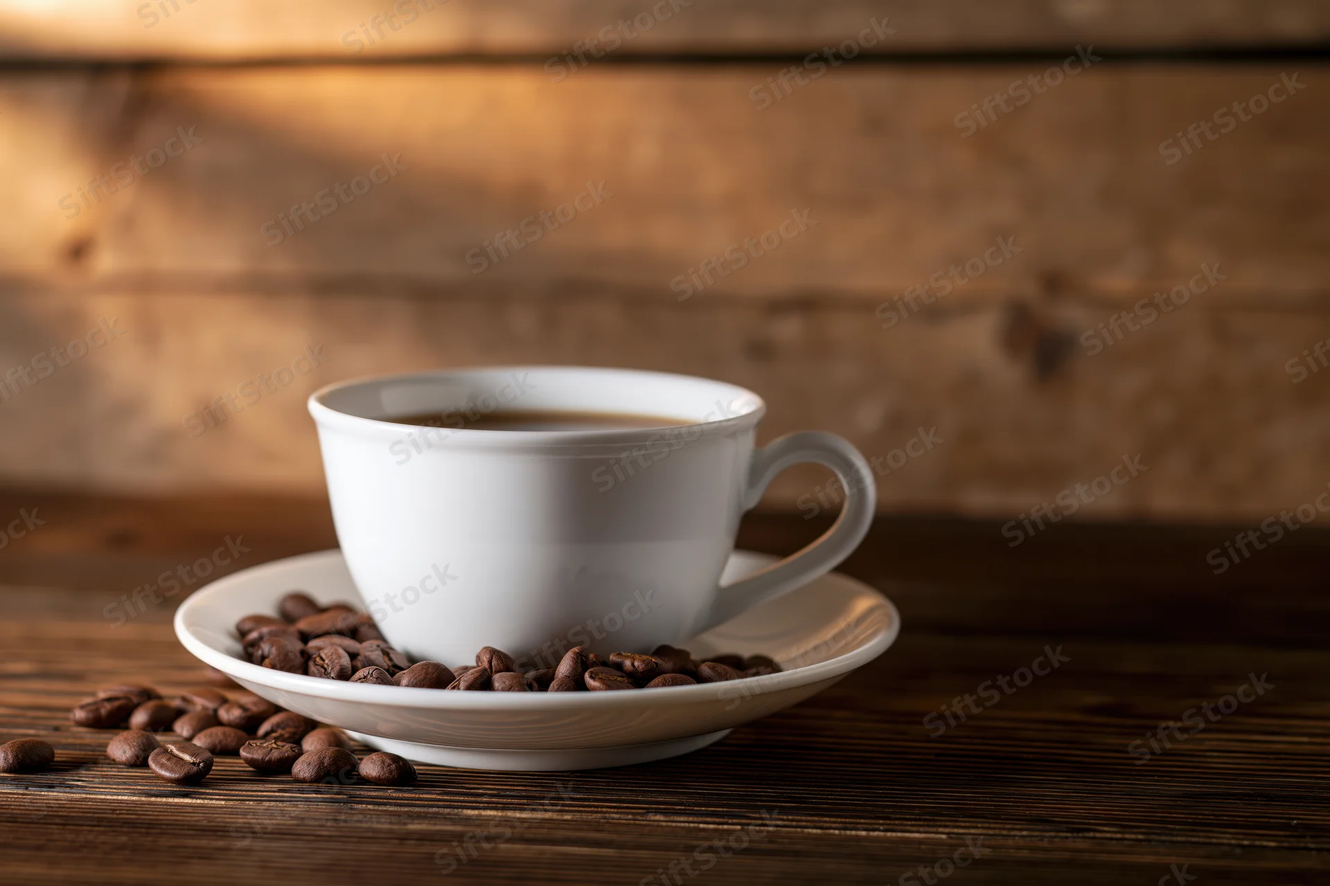 White ceramic coffee cup on saucer with roasted coffee beans on wooden table