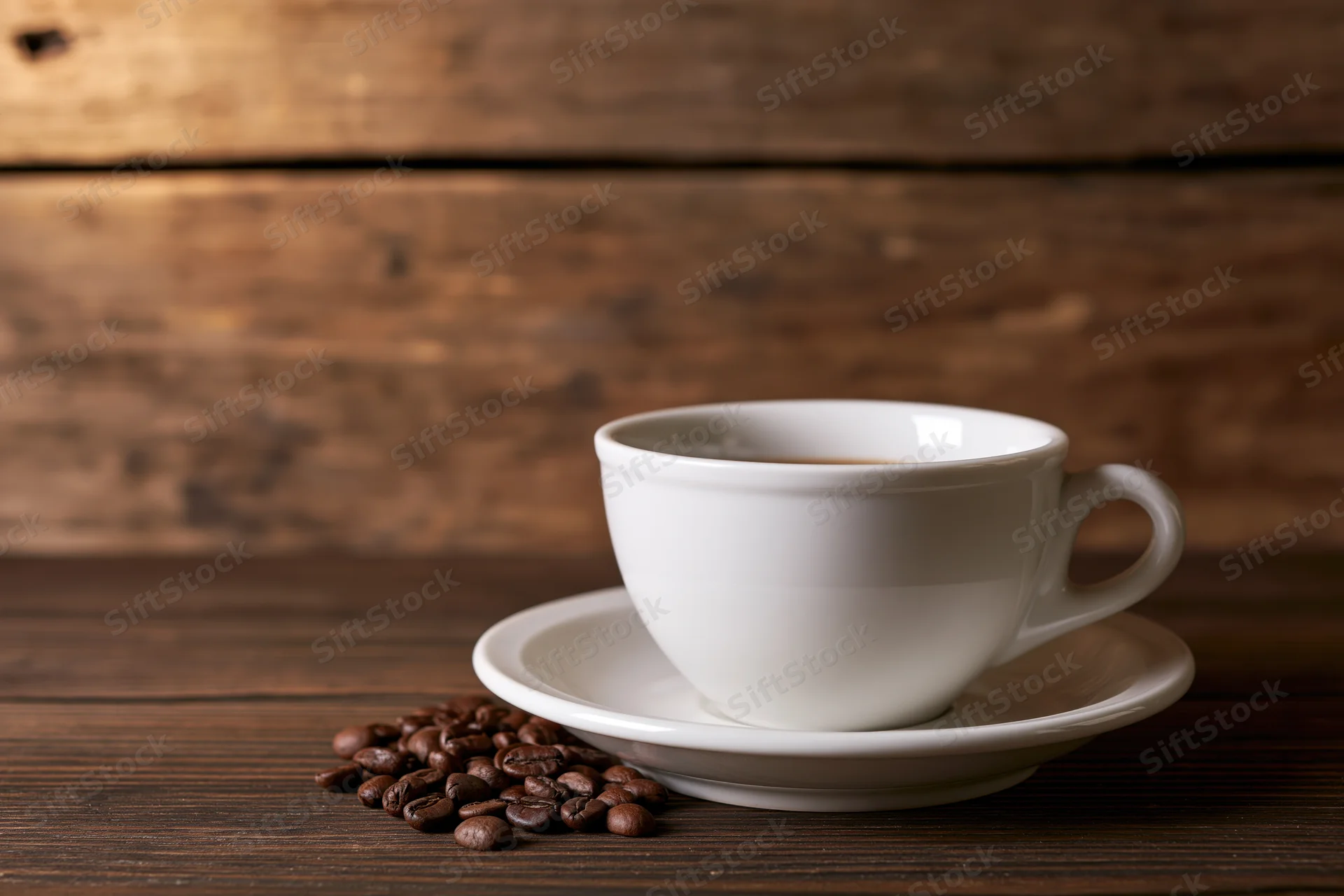 White ceramic coffee cup on saucer with roasted coffee beans on wooden table