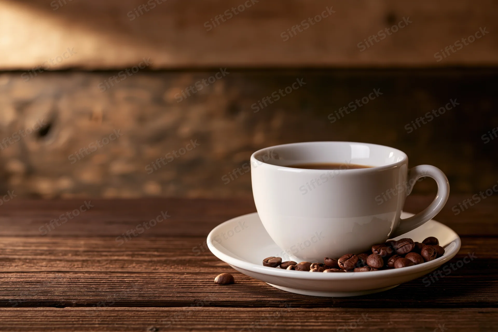 White ceramic coffee cup on saucer with roasted coffee beans on wooden table