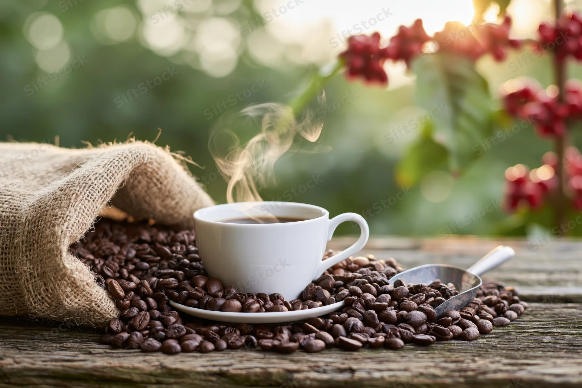 Steaming coffee cup on a wooden table surrounded by roasted beans and a burlap sack with coffee cherries in the background