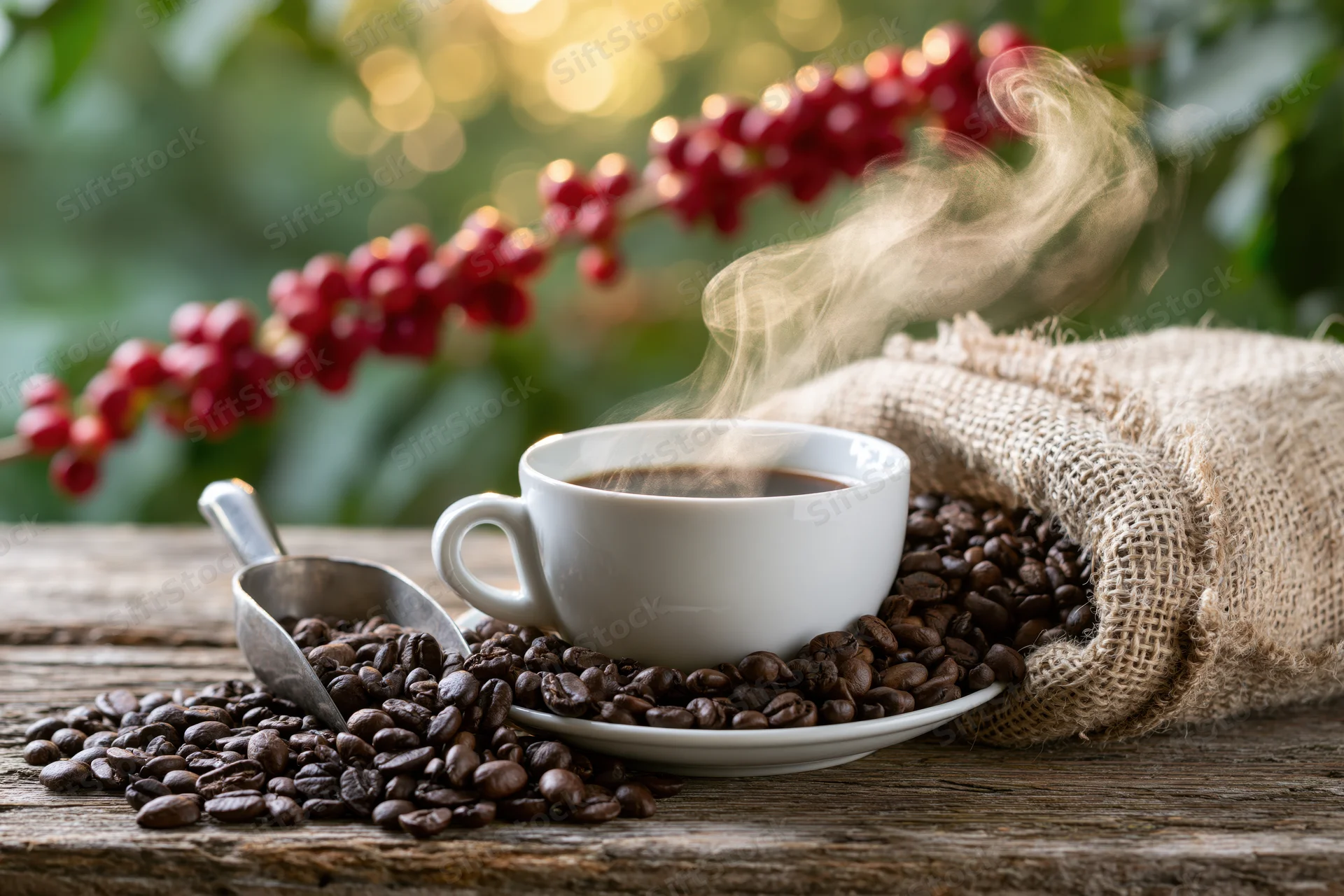 Steaming coffee cup on wooden table surrounded by coffee beans and red cherries with burlap sack and green foliage in background