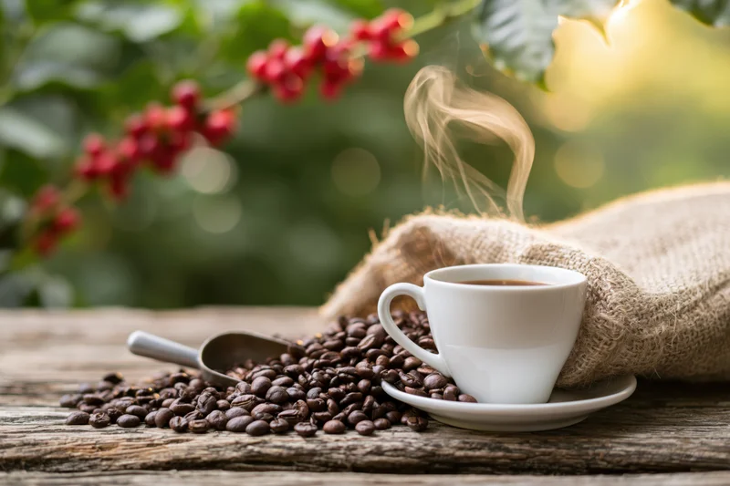 Steaming white coffee cup on wooden table with coffee beans and cherries on plant in background