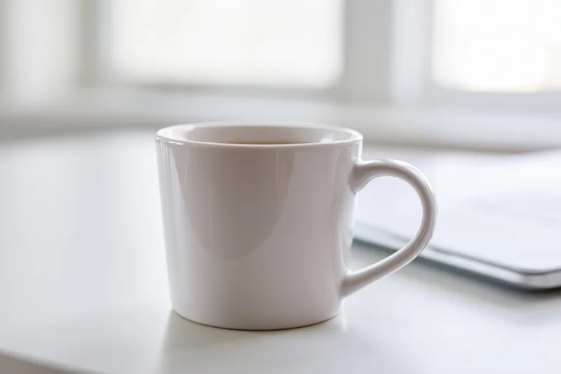White ceramic coffee mug on a white desk near a window with a laptop in the background