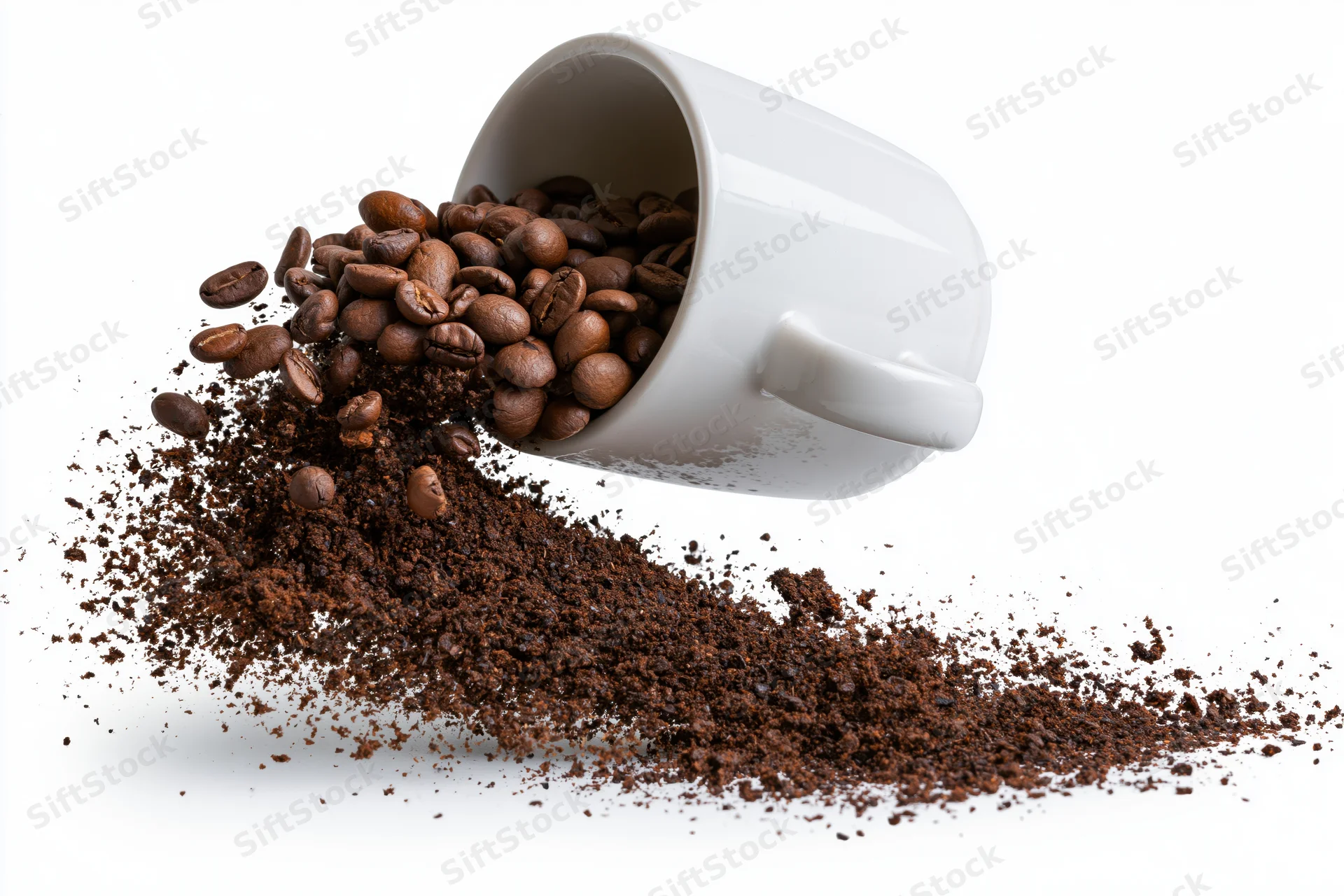 White ceramic coffee mug tipped midair spilling roasted beans and ground coffee onto white surface
