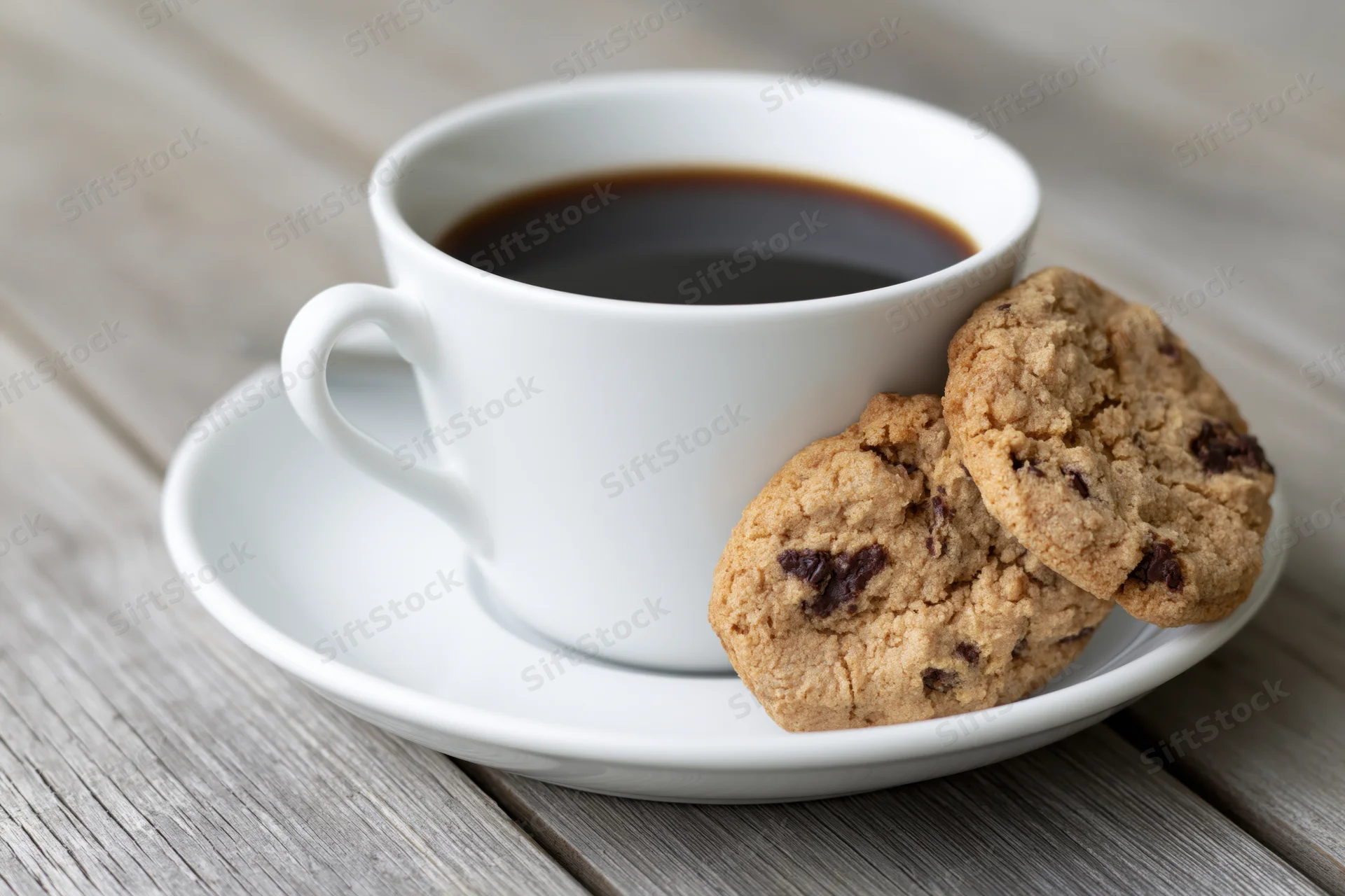 White ceramic coffee cup with chocolate chip cookies on a wooden table