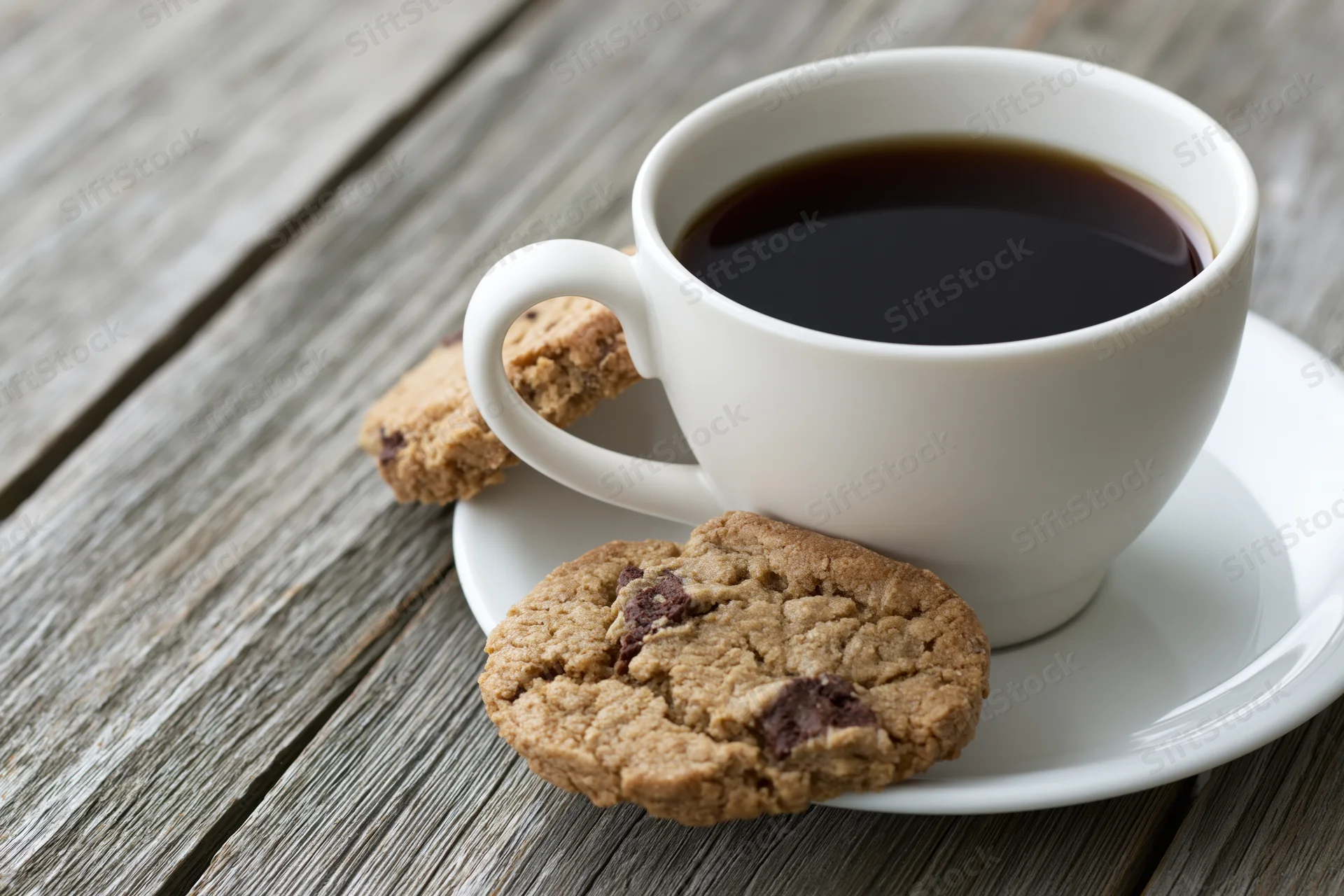 White ceramic cup of black coffee with chocolate chip cookies on a wooden table
