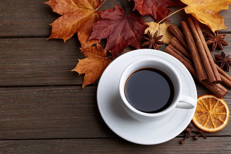 White ceramic coffee cup on saucer with autumn leaves and spices on dark wooden table
