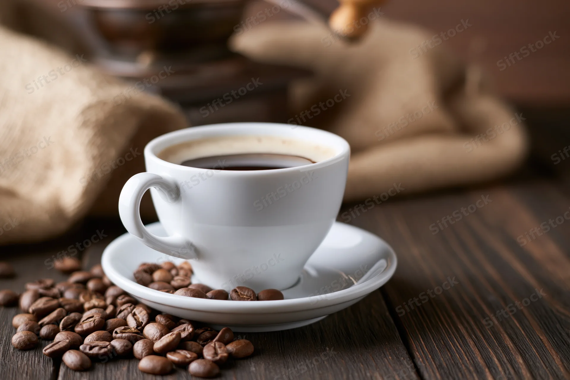 White ceramic coffee cup with foam ring on saucer surrounded by coffee beans on dark wooden table