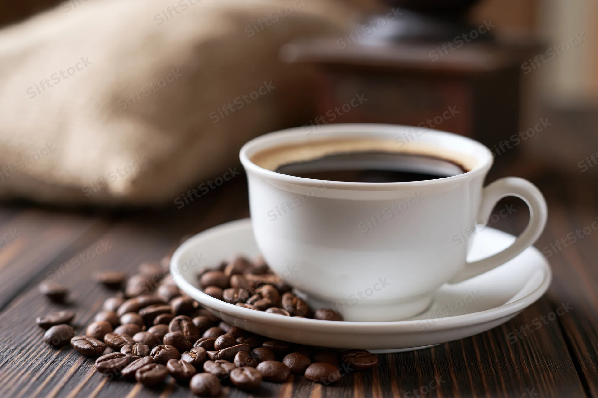 White ceramic cup of black coffee with foam ring on saucer surrounded by coffee beans on dark wooden table