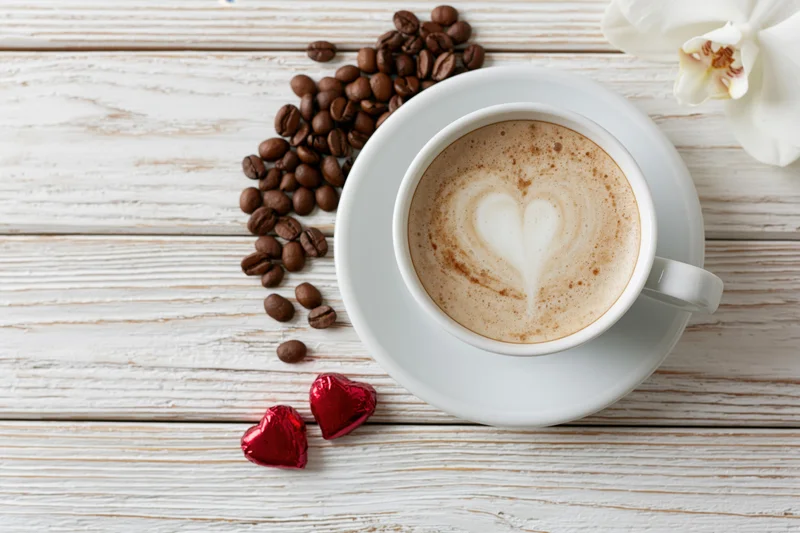 Cappuccino in a white ceramic cup with heart-shaped foam art on a wooden table beside coffee beans, red heart-shaped chocolates, and a white orchid