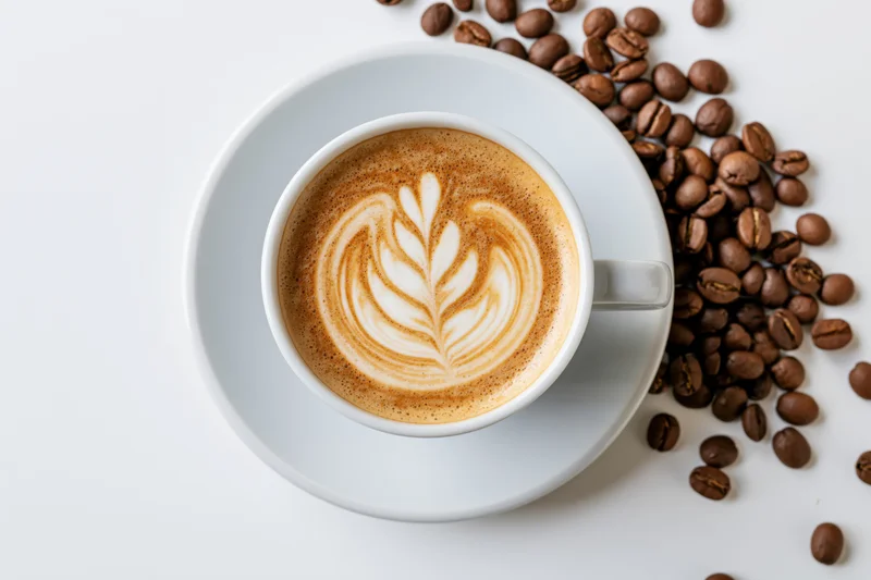 White ceramic cup of latte with leaf foam art and scattered coffee beans on a white surface