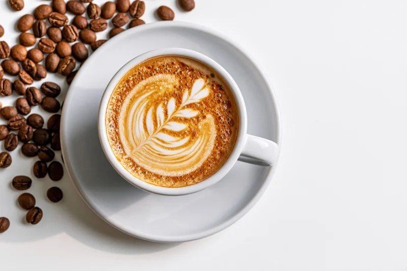 White ceramic cup of latte art coffee with leaf pattern on saucer beside coffee beans on white surface
