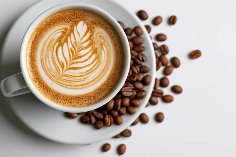 White ceramic cup of latte with leaf art pattern on saucer surrounded by coffee beans on white surface
