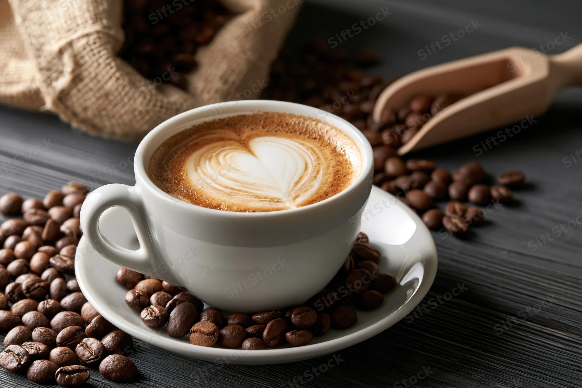 White ceramic cup of latte with heart-shaped foam on saucer surrounded by coffee beans on dark wooden table