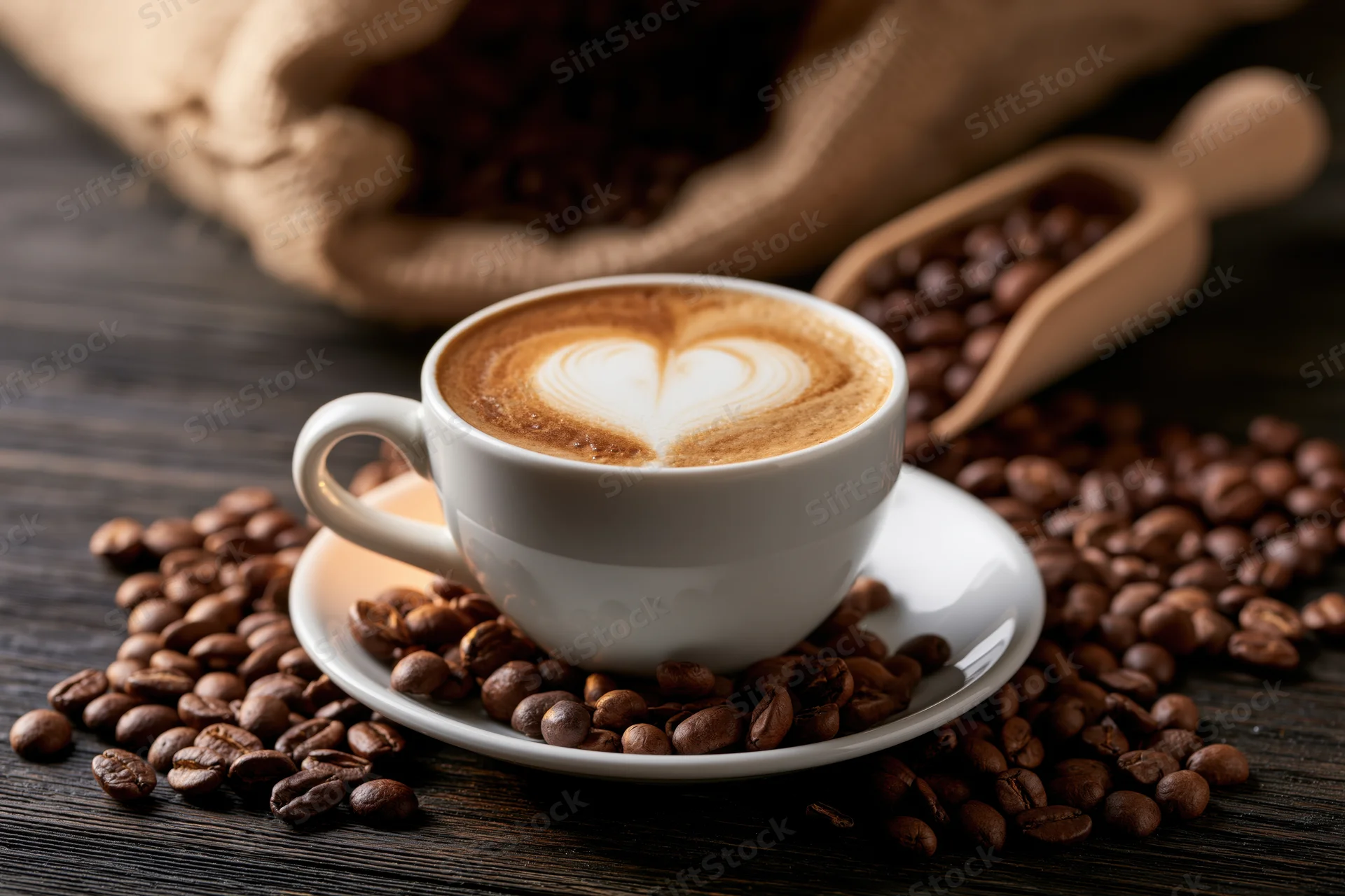 White ceramic cup of latte with heart-shaped foam on saucer surrounded by coffee beans on dark wooden table