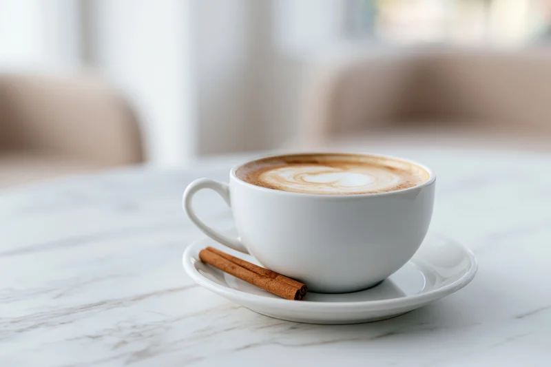 White ceramic cup of latte with milk foam art and cinnamon stick on marble table