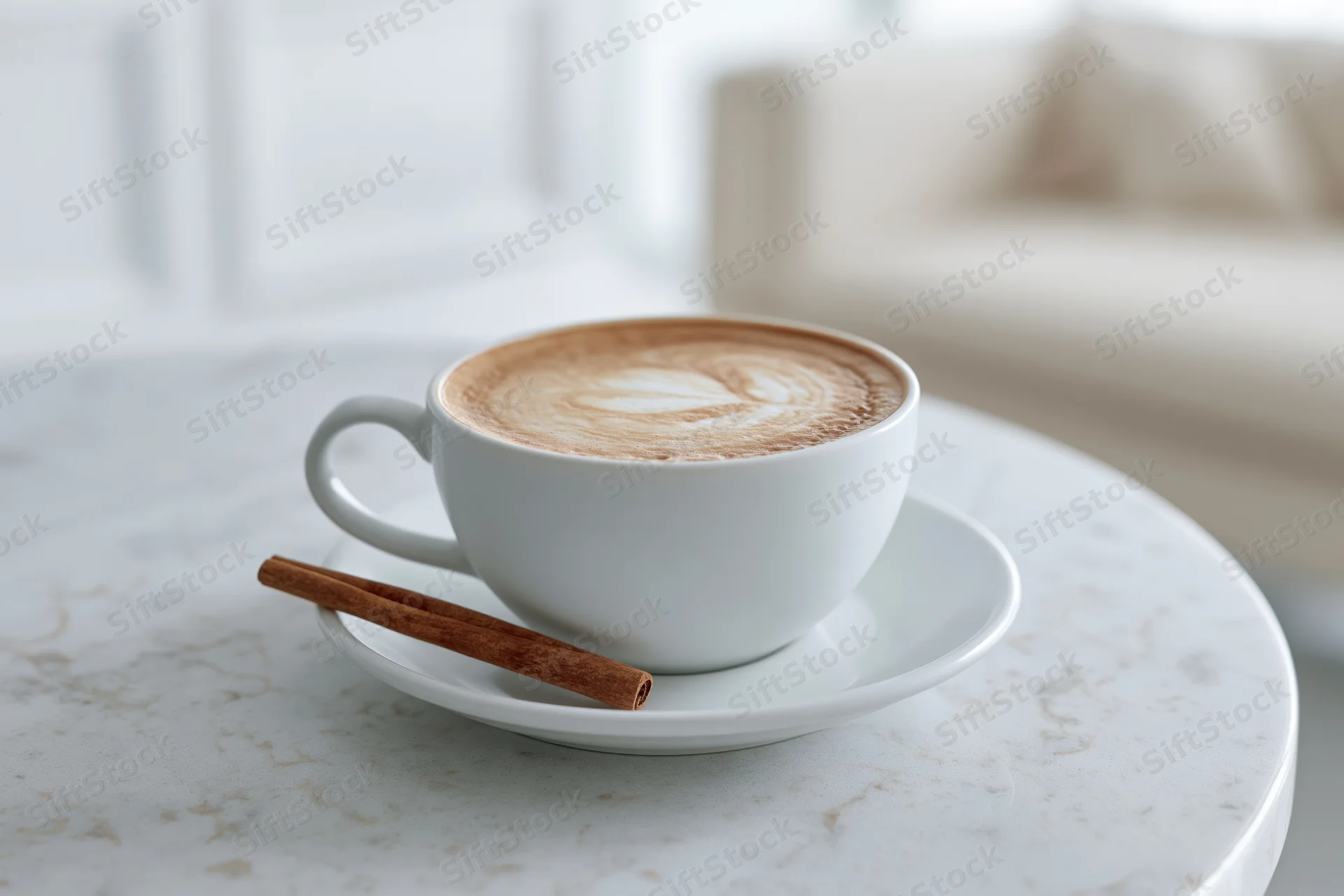 White ceramic cup of latte with milk foam art on a marble table in a living room
