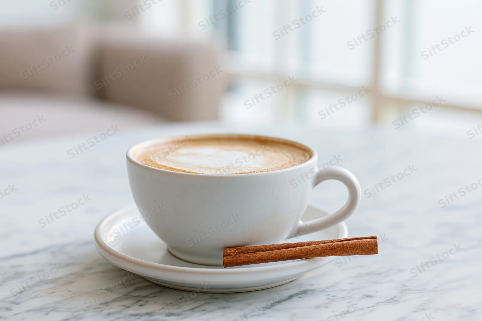 White ceramic cup of latte with milk foam art on marble table beside cinnamon stick in bright living room