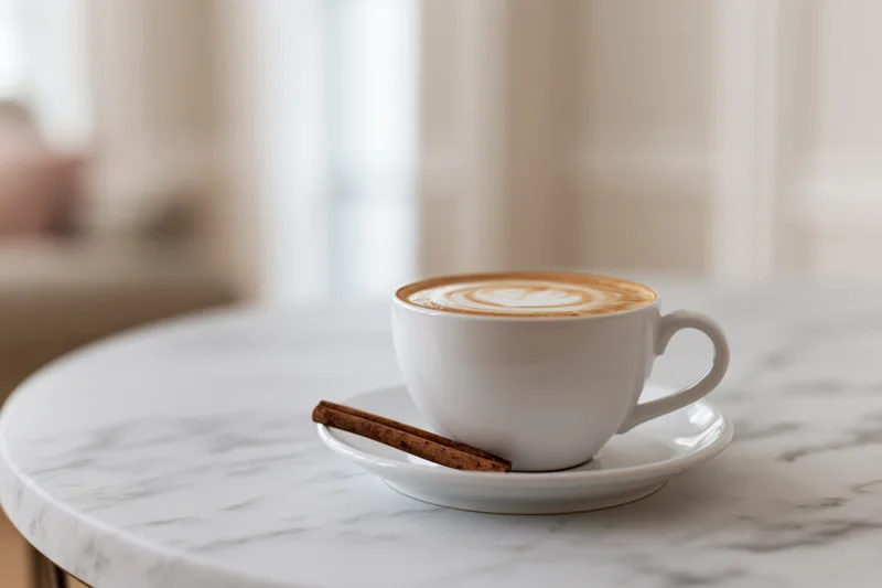 White ceramic cup of latte with milk foam art on marble table beside cinnamon stick