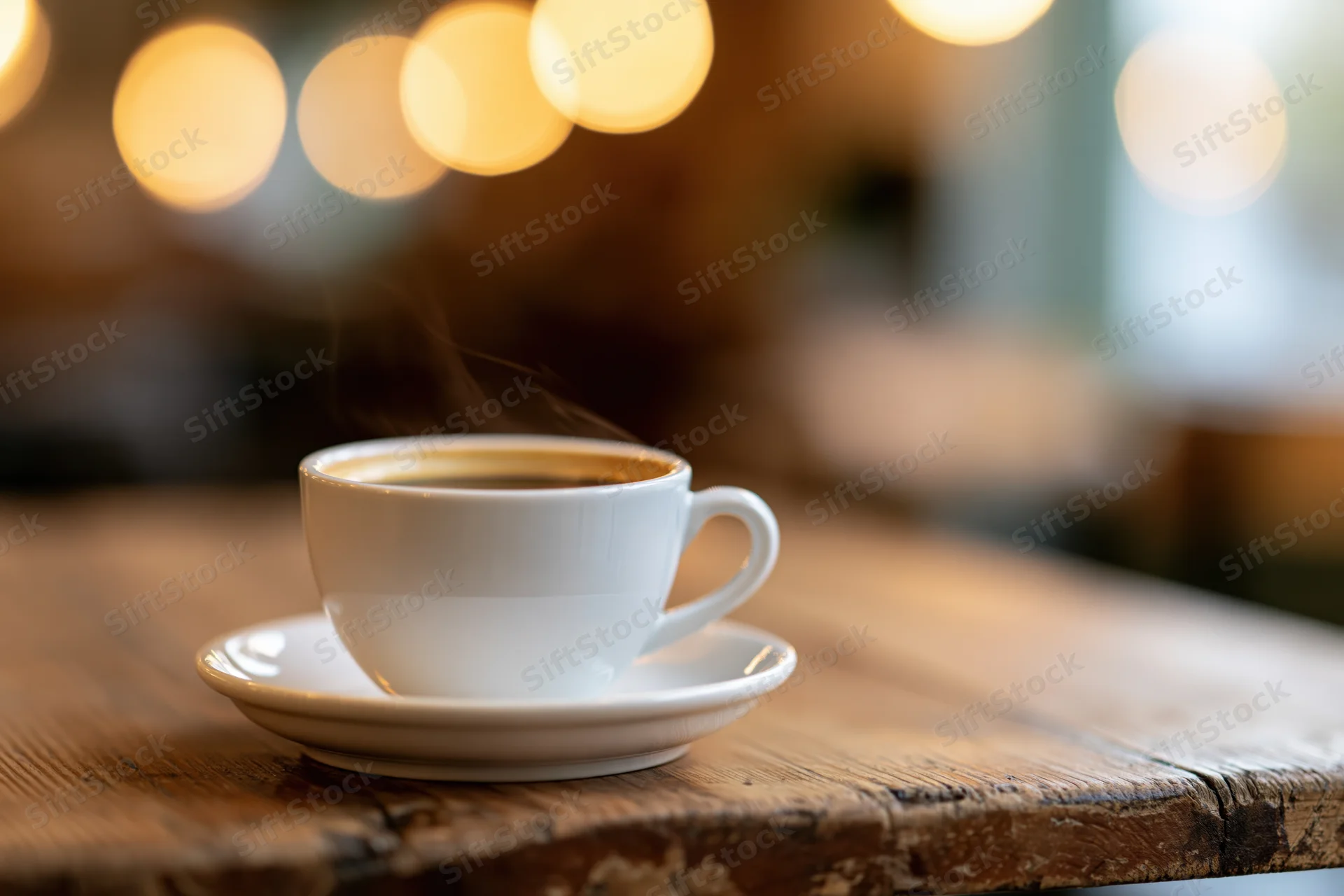 Steaming coffee in a white ceramic cup on a saucer resting on a wooden table in a cafe