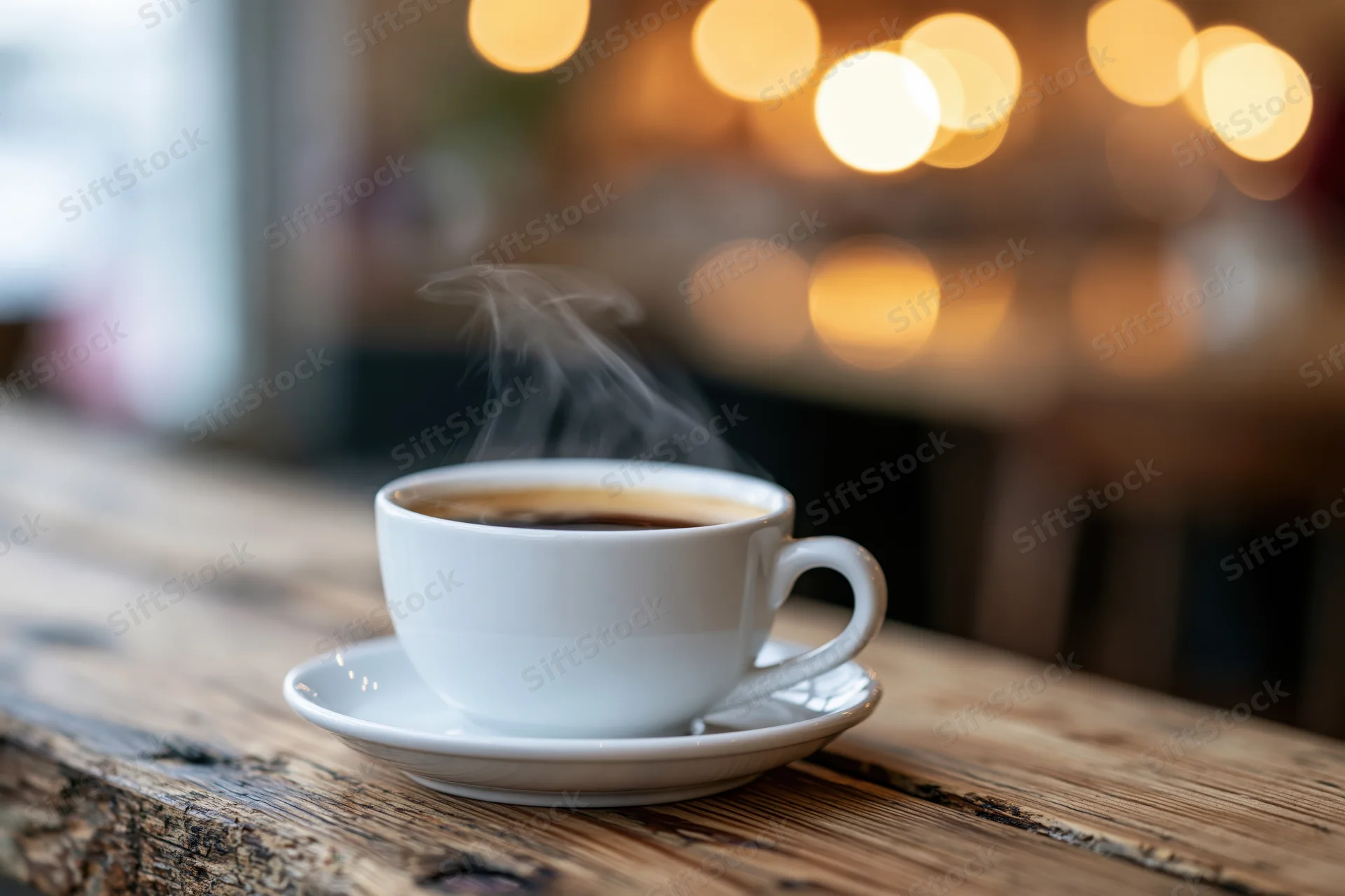 Steaming coffee cup on saucer resting on wooden table in cafe interior