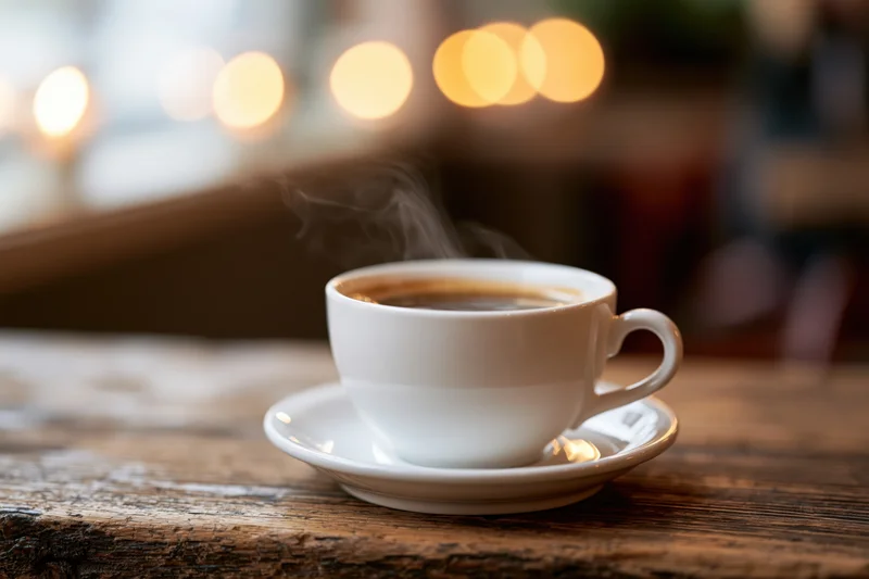 Steaming coffee in a white ceramic cup on a saucer resting on a wooden table in a cozy cafe interior