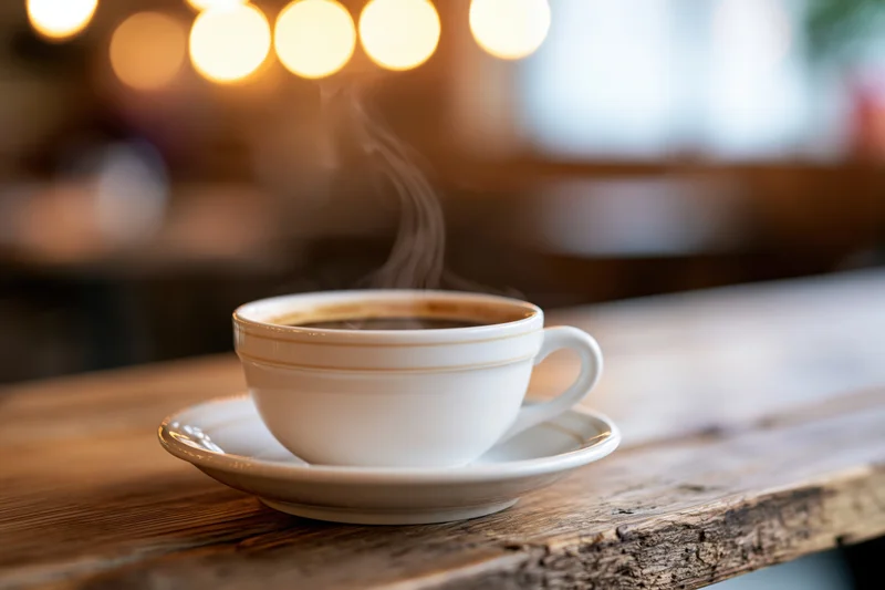 Steaming coffee cup on a saucer resting on a rustic wooden table in a cafe