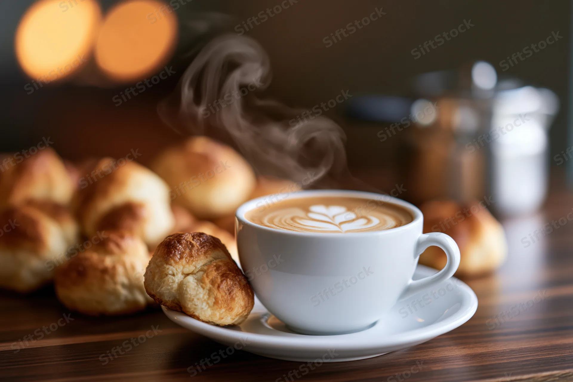 Steaming latte with leaf latte art in white ceramic cup beside golden croissants on wooden table