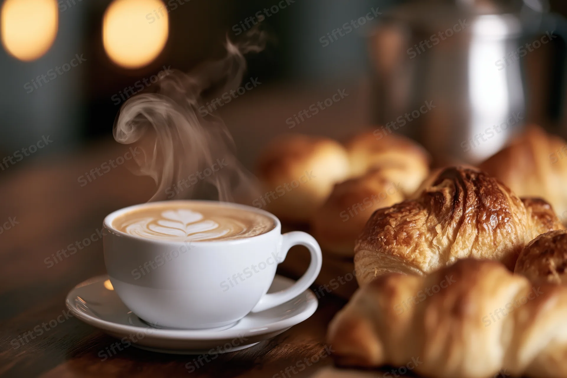 Steaming latte with leaf latte art in white ceramic cup beside croissants on wooden table