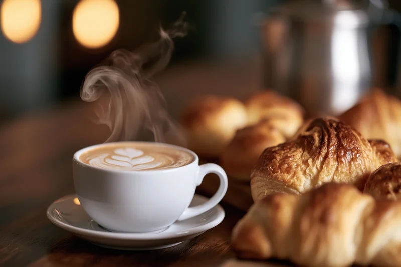 Steaming latte with leaf latte art in white ceramic cup beside croissants on wooden table