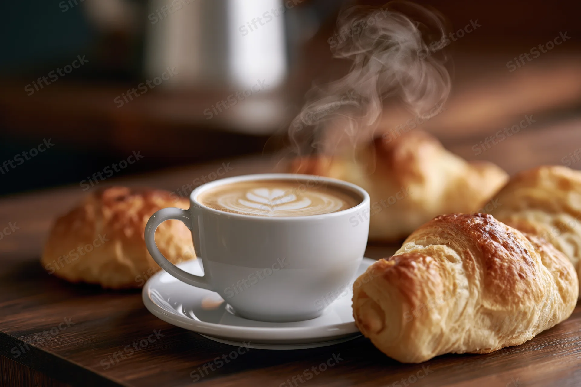 Steaming latte with leaf latte art in white ceramic cup on wooden table surrounded by croissants