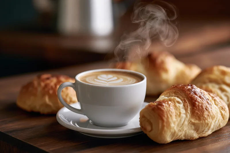 Steaming latte with leaf latte art in white ceramic cup on wooden table surrounded by croissants