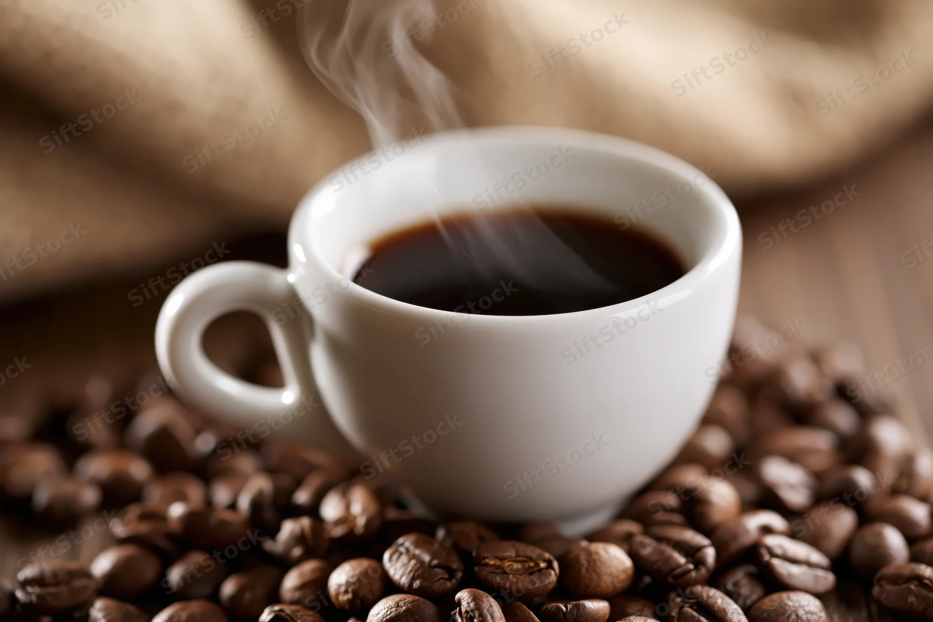 Steaming espresso cup on coffee beans with burlap sack in background