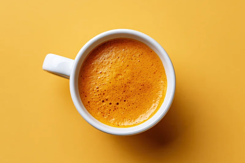 White ceramic espresso cup filled with frothy crema on yellow surface