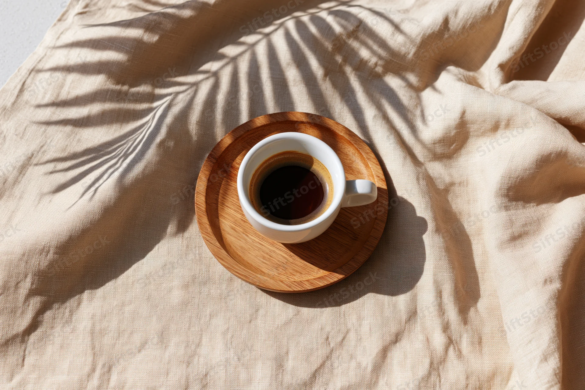 White ceramic espresso cup on wooden saucer resting on beige linen fabric with palm leaf shadow in sunlight