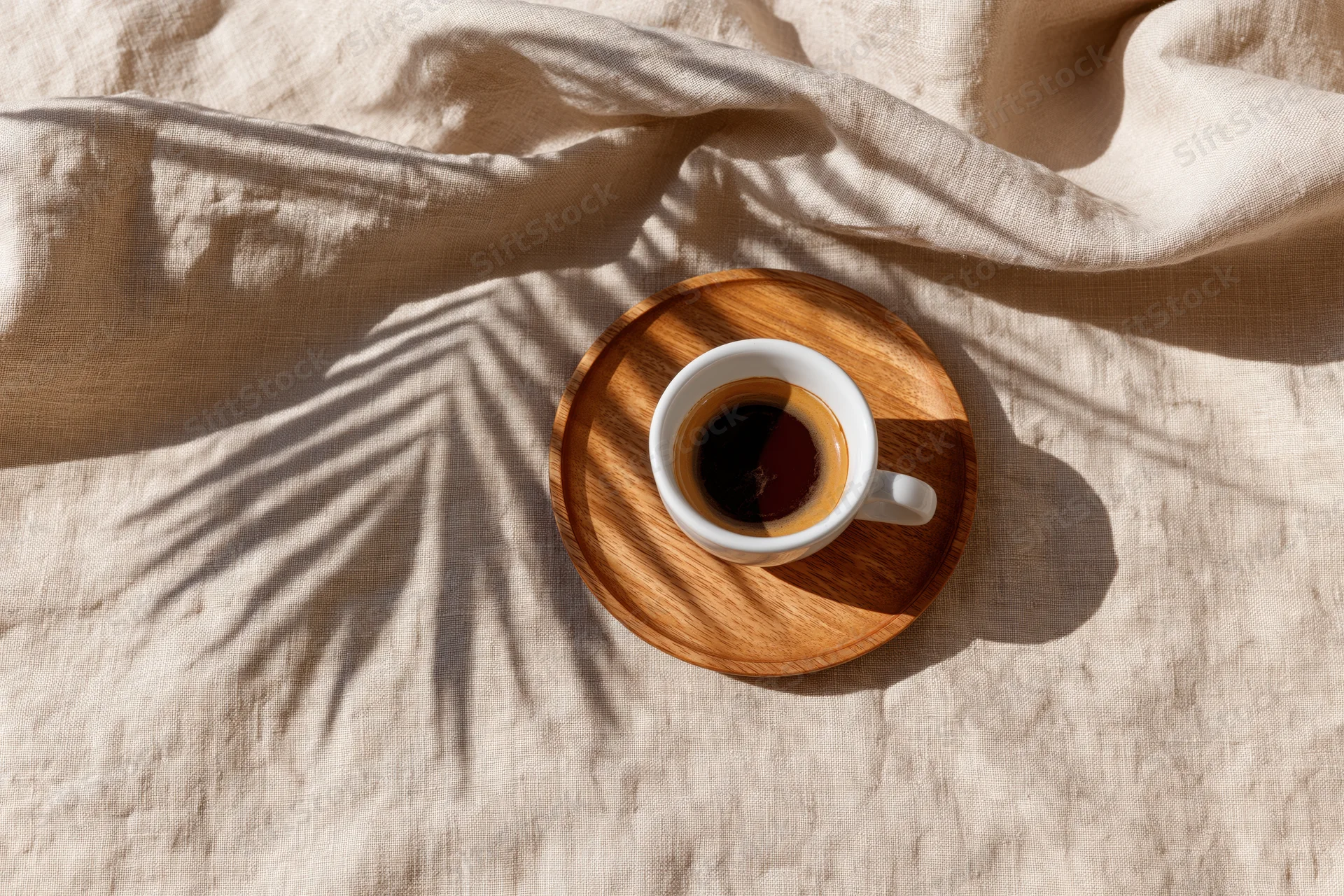 White ceramic espresso cup on a round wooden saucer resting on beige linen fabric with palm leaf shadows in soft morning light
