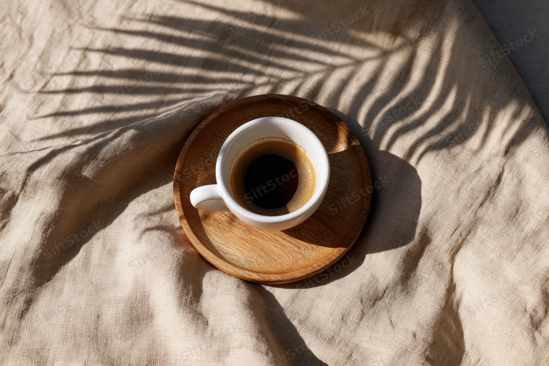 White ceramic espresso cup on round wooden saucer resting on beige linen fabric with palm leaf shadows from sunlight