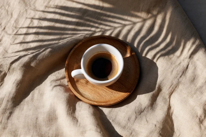 White ceramic espresso cup on round wooden saucer resting on beige linen fabric with palm leaf shadows from sunlight