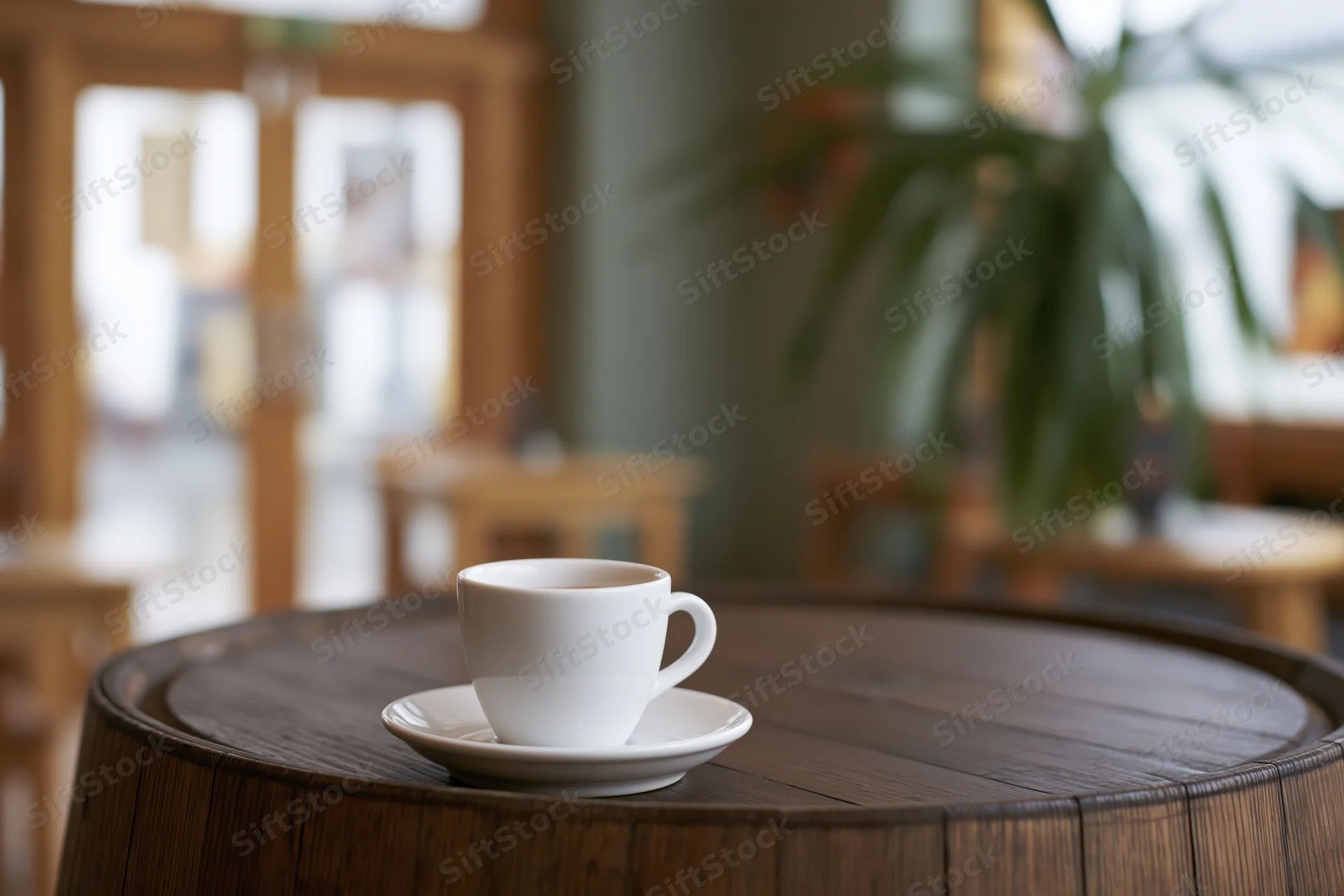 White ceramic espresso cup on saucer resting on wooden barrel table in cafe interior