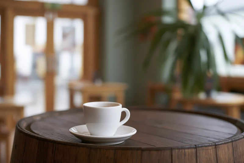 White ceramic espresso cup on saucer resting on wooden barrel table in cafe interior