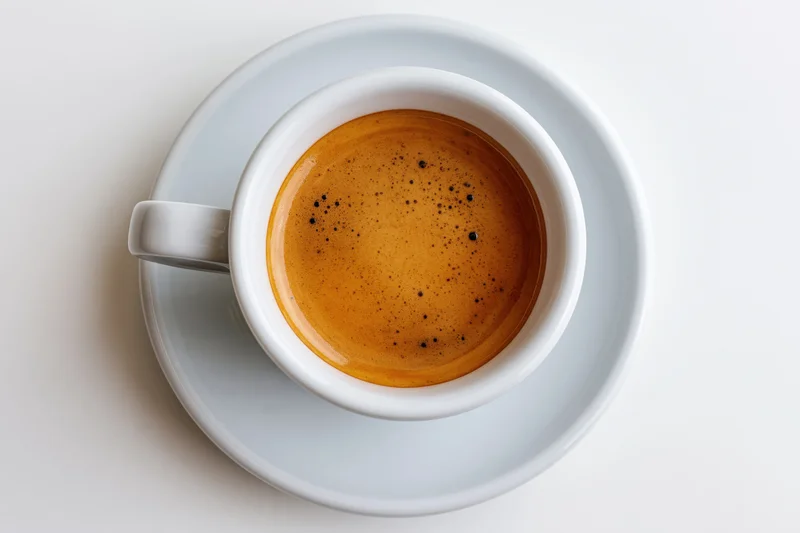 White ceramic espresso cup with crema on matching saucer, overhead view on plain surface