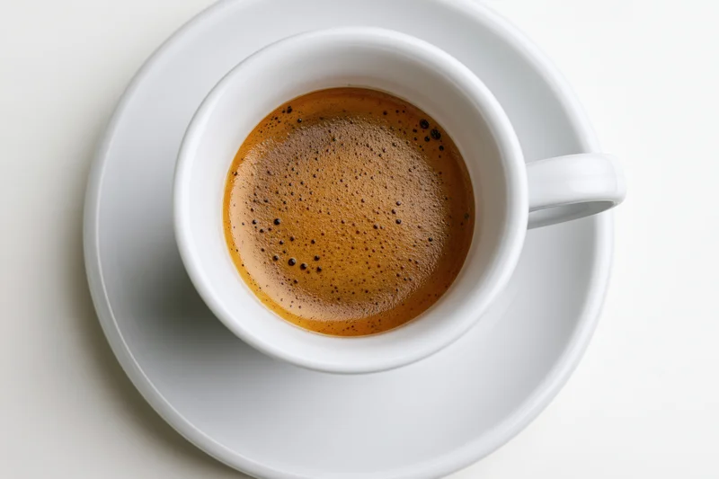 White ceramic espresso cup with crema on matching saucer viewed from above on plain surface