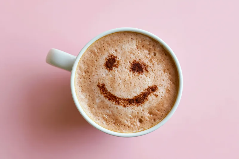 White ceramic mug filled with frothy cappuccino featuring a smiley face made of cinnamon on pink background