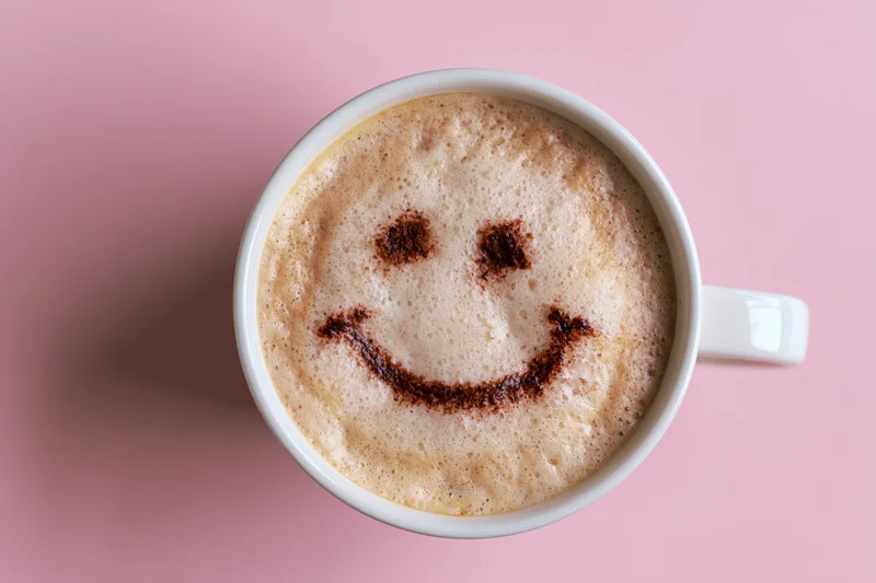 White ceramic mug filled with frothy cappuccino featuring a smiley face made of cinnamon on pink background